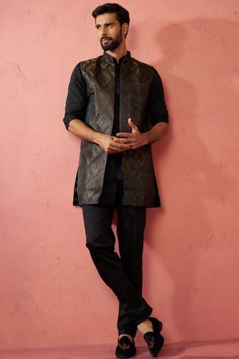 mens wedding kurta jacket pant set  thigh-length kurta with long jacket  ethnic festive wear