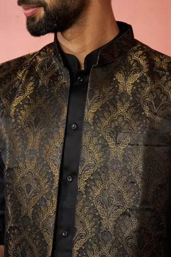 mens wedding kurta jacket pant set  thigh-length kurta with long jacket  ethnic festive wear