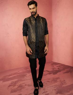 mens wedding kurta jacket pant set  thigh-length kurta with long jacket  ethnic festive wear 3