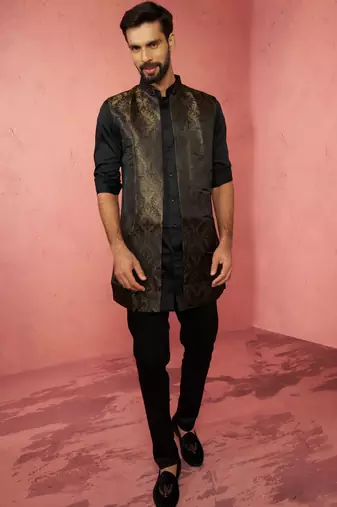 mens wedding kurta jacket pant set  thigh-length kurta with long jacket  ethnic festive wear