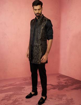 mens wedding kurta jacket pant set  thigh-length kurta with long jacket  ethnic festive wear 4