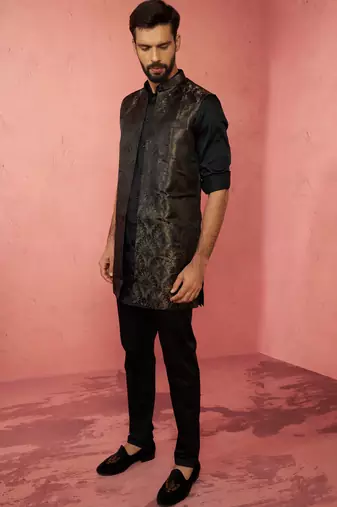 mens wedding kurta jacket pant set  thigh-length kurta with long jacket  ethnic festive wear