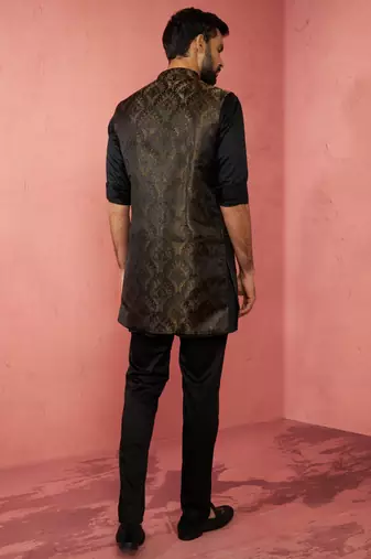 mens wedding kurta jacket pant set  thigh-length kurta with long jacket  ethnic festive wear