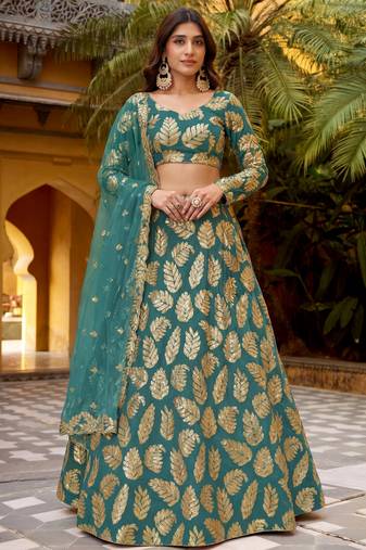 green embroidered georgette lehenga set choli with dupatta