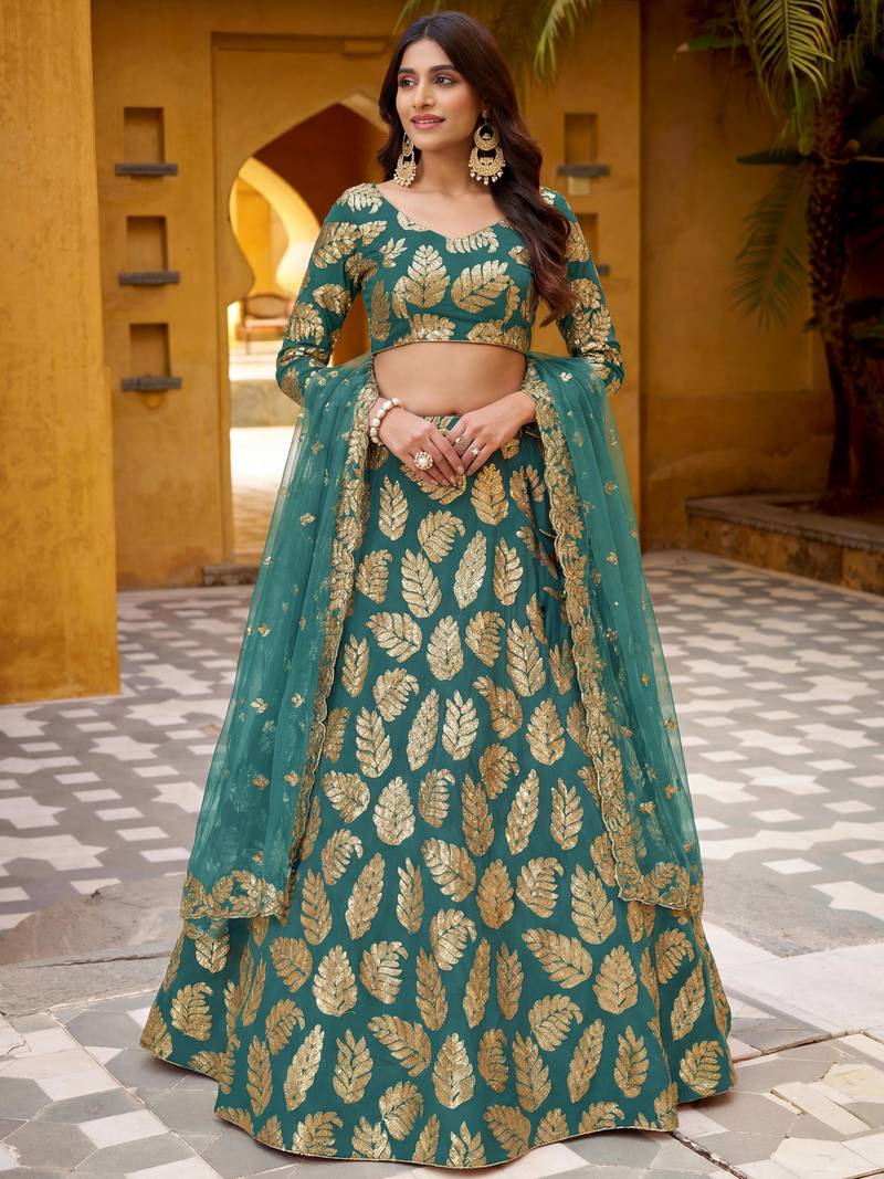 green embroidered georgette lehenga set choli with dupatta