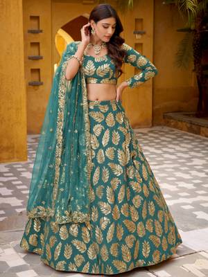 green embroidered georgette lehenga set choli with dupatta 3