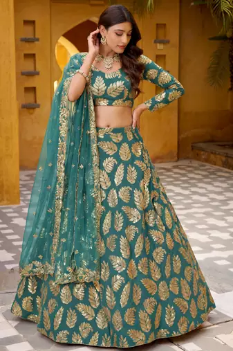 green embroidered georgette lehenga set choli with dupatta