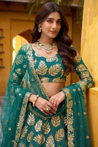 green embroidered georgette lehenga set choli with dupatta