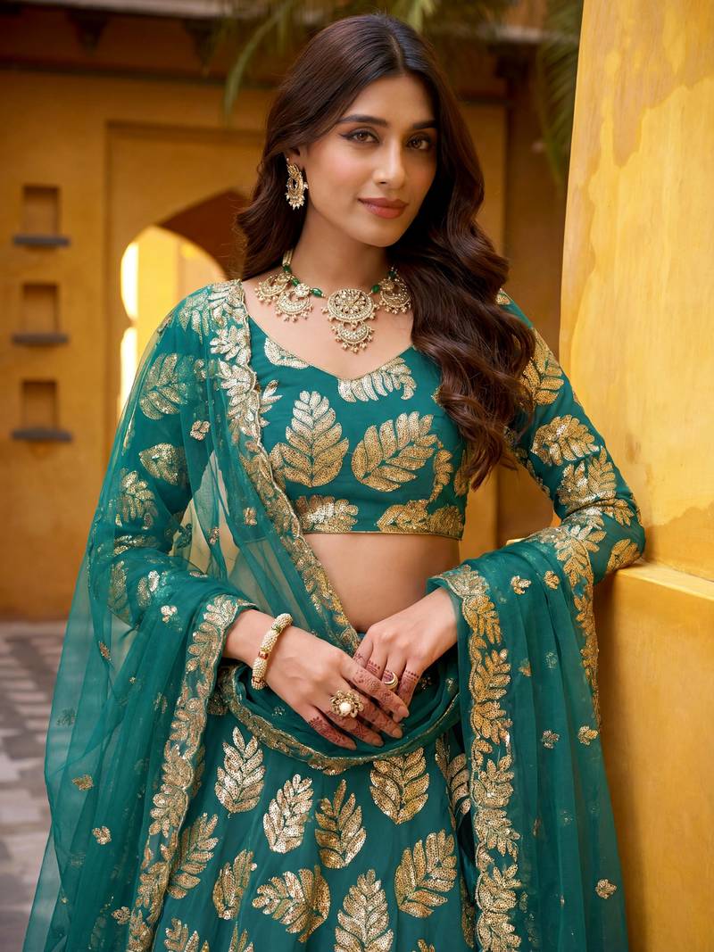 green embroidered georgette lehenga set choli with dupatta