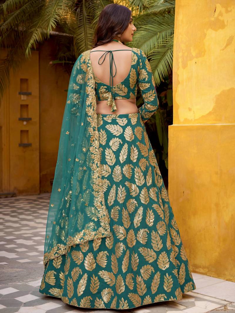 green embroidered georgette lehenga set choli with dupatta