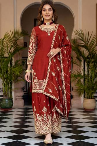 Red Zari Embroidered Chinon Festive Wear Palazzo Suit