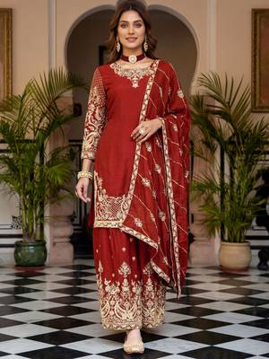 Red Zari Embroidered Chinon Festive Wear Palazzo Suit 1
