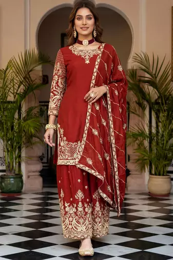 Red Zari Embroidered Chinon Festive Wear Palazzo Suit