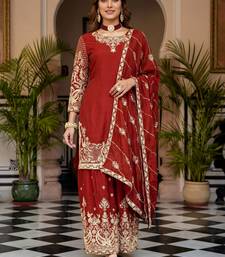 Red Zari Embroidered Chinon Festive Wear Palazzo Suit