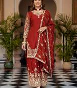 Red Zari Embroidered Chinon Festive Wear Palazzo Suit