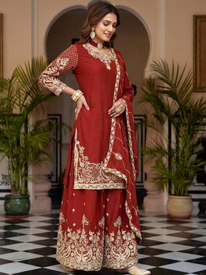 Red Zari Embroidered Chinon Festive Wear Palazzo Suit 2