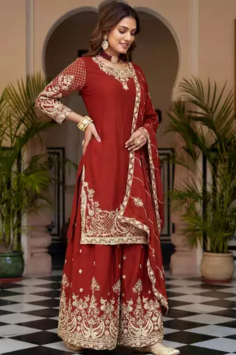 Red Zari Embroidered Chinon Festive Wear Palazzo Suit
