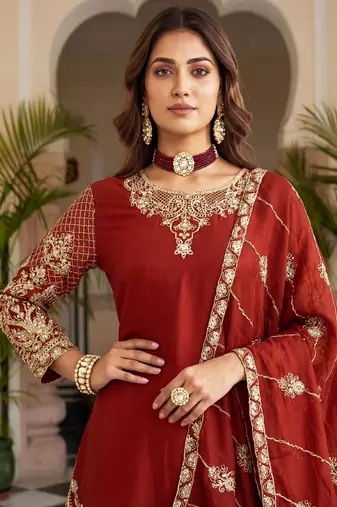 Red Zari Embroidered Chinon Festive Wear Palazzo Suit