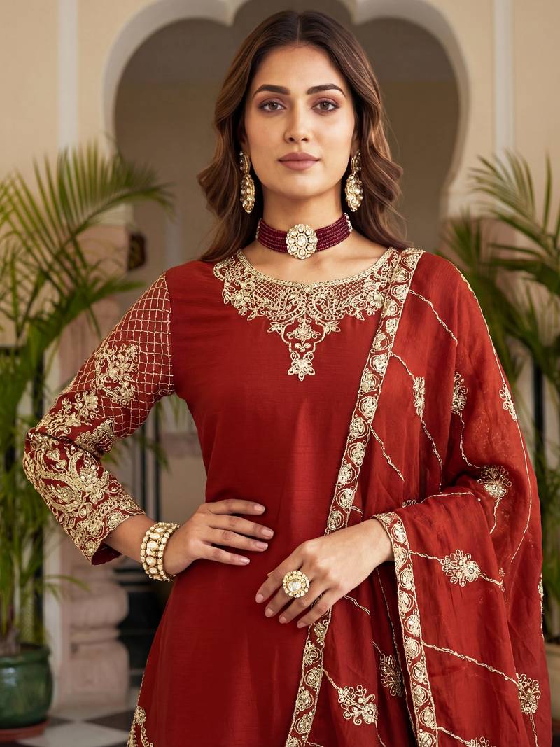 Red Zari Embroidered Chinon Festive Wear Palazzo Suit