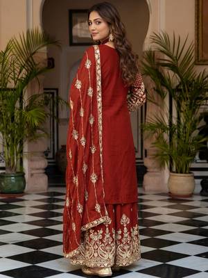 Red Zari Embroidered Chinon Festive Wear Palazzo Suit 4