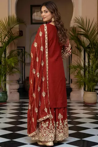 Red Zari Embroidered Chinon Festive Wear Palazzo Suit