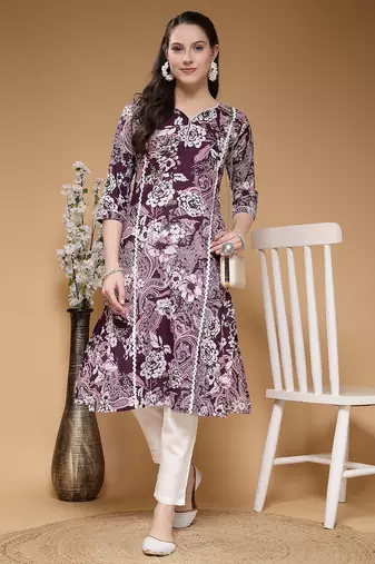 cotton purple floral print straight kurta with trouser