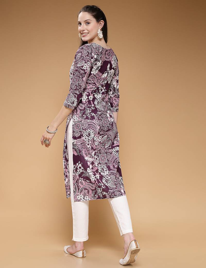 cotton purple floral print straight kurta with trouser