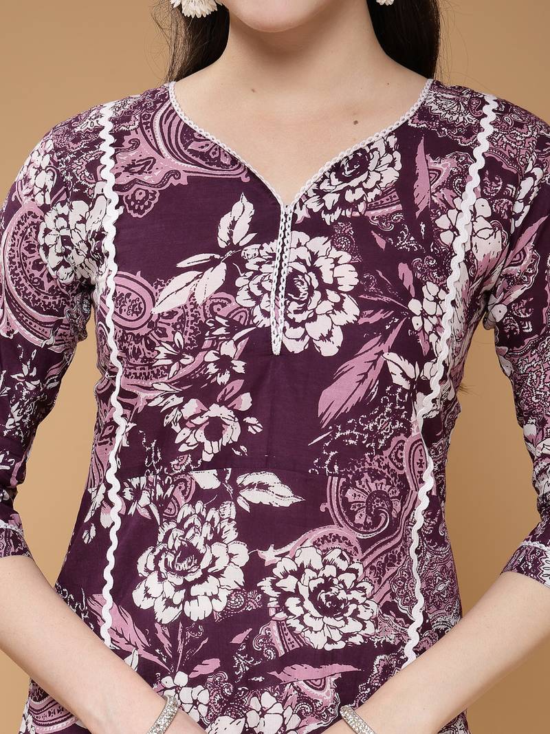 cotton purple floral print straight kurta with trouser