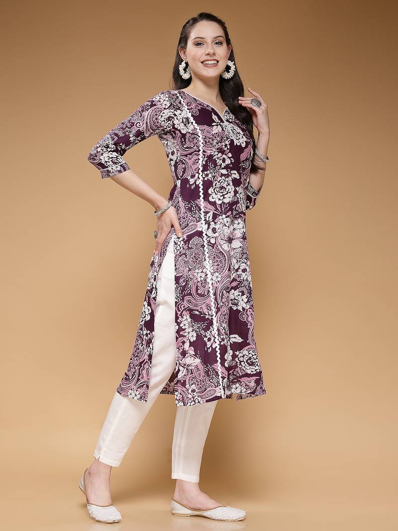 cotton purple floral print straight kurta with trouser