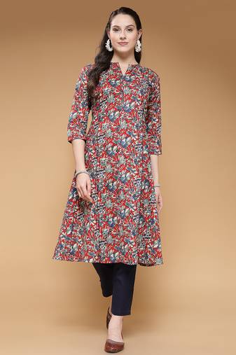 cotton maroon floral print a-line kurta with trouser