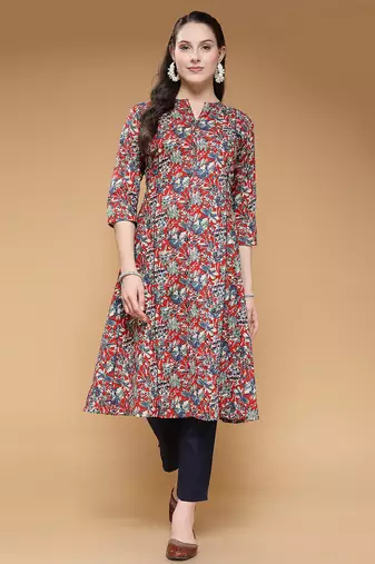 cotton maroon floral print a-line kurta with trouser