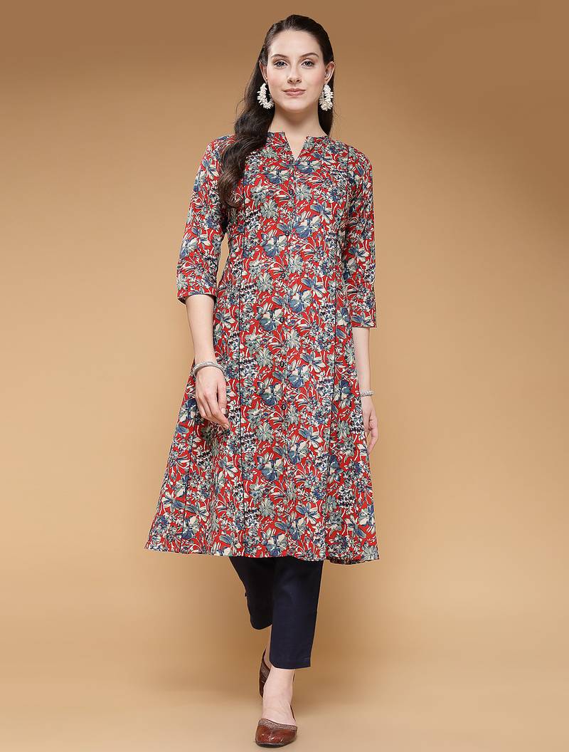 cotton maroon floral print a-line kurta with trouser