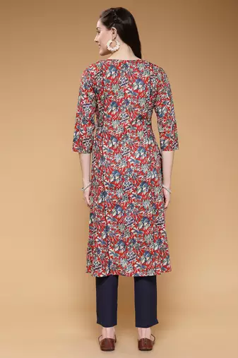 cotton maroon floral print a-line kurta with trouser