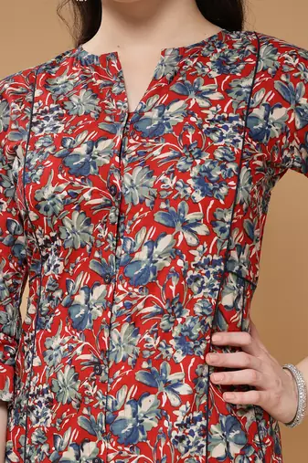 cotton maroon floral print a-line kurta with trouser