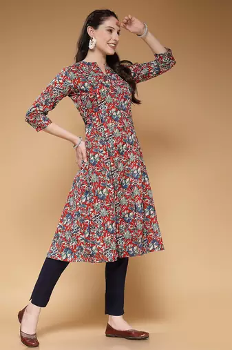 cotton maroon floral print a-line kurta with trouser