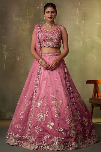 Pink Tissue Sequins embroidery Lehenga Choli With Dupatta