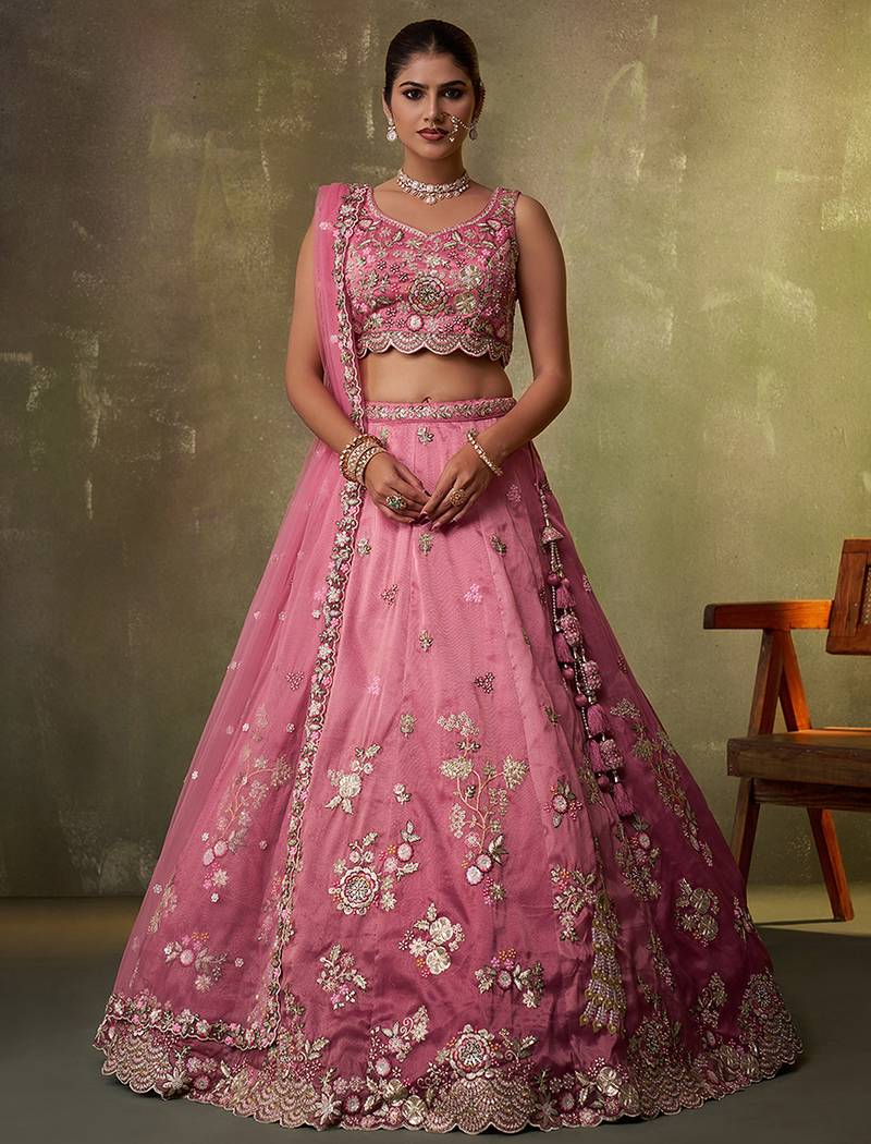 Pink Tissue Sequins embroidery Lehenga Choli With Dupatta