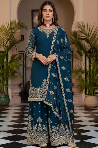 Blue Zari Embroidered Chinon Palazzo Suit
