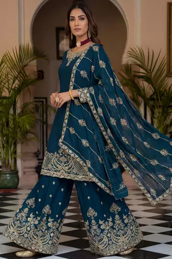 Blue Zari Embroidered Chinon Palazzo Suit