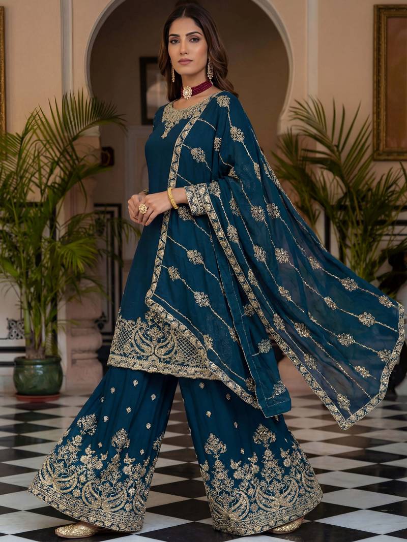 Blue Zari Embroidered Chinon Palazzo Suit