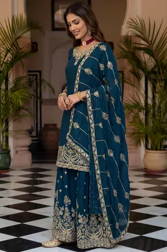Blue Zari Embroidered Chinon Palazzo Suit