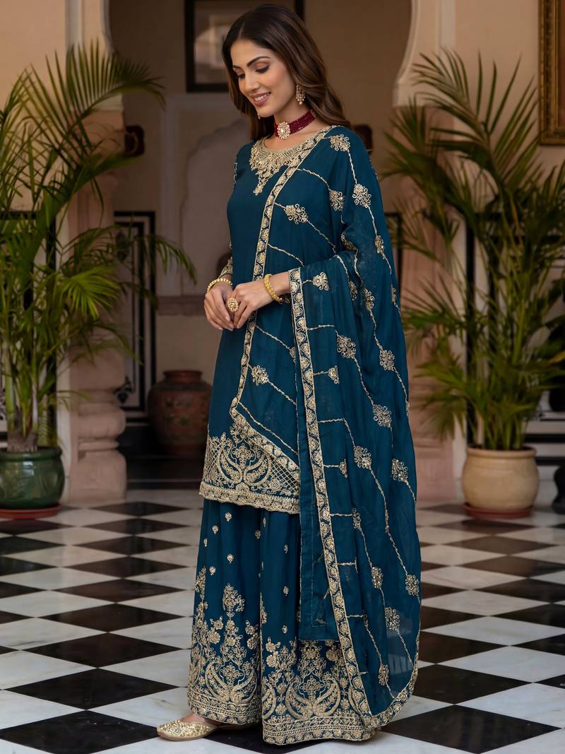 Blue Zari Embroidered Chinon Palazzo Suit
