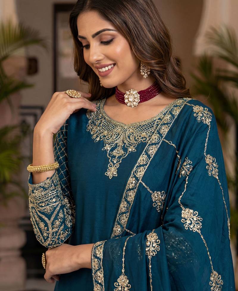 Blue Zari Embroidered Chinon Palazzo Suit