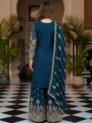 Blue Zari Embroidered Chinon Palazzo Suit 5