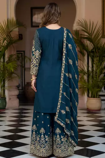 Blue Zari Embroidered Chinon Palazzo Suit