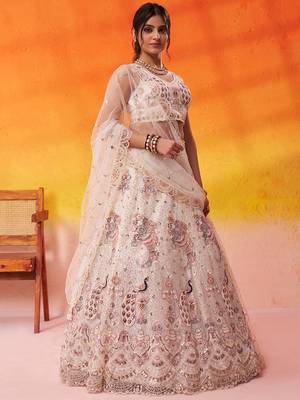 Cream Net Sequins embroidery Lehenga Choli With Dupatta 1