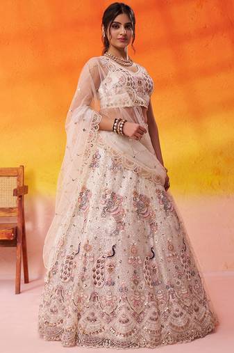 Cream Net Sequins embroidery Lehenga Choli With Dupatta