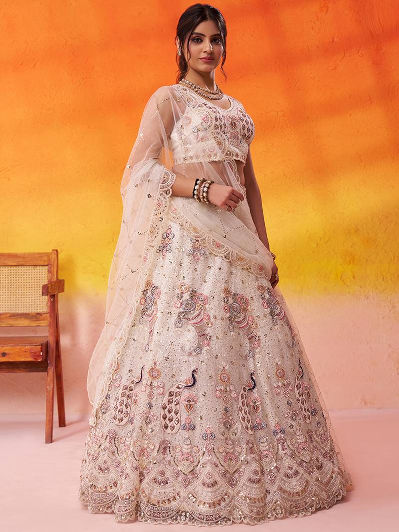 Cream Net Sequins embroidery Lehenga Choli With Dupatta