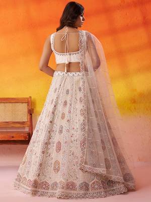 Cream Net Sequins embroidery Lehenga Choli With Dupatta 2