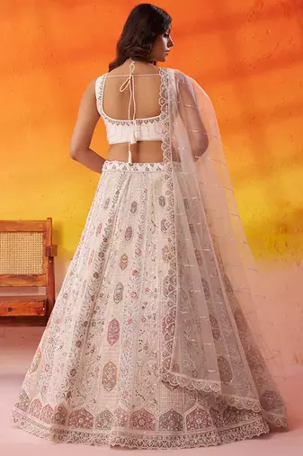 Cream Net Sequins embroidery Lehenga Choli With Dupatta
